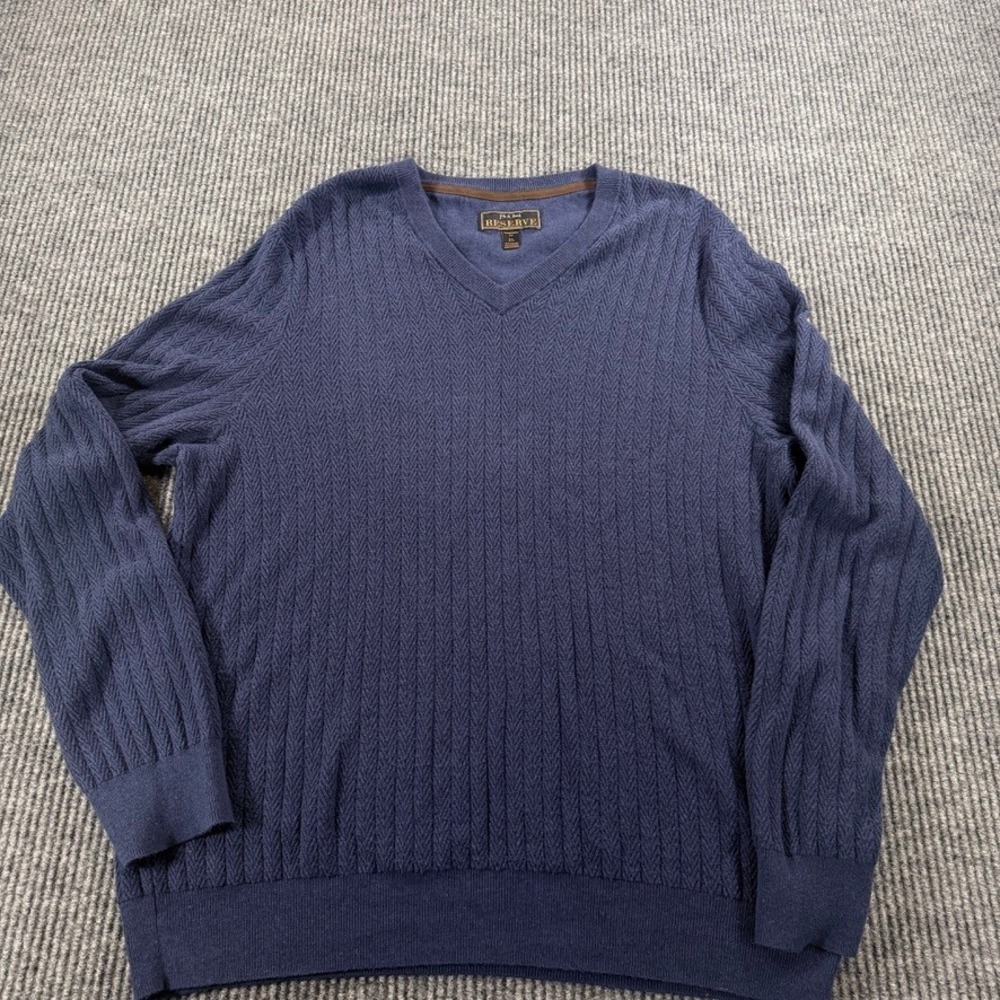 Jos. A. Bank Reserve Mens XL Blue Cotton Cashmere V-Neck Cable Knit Sweater
